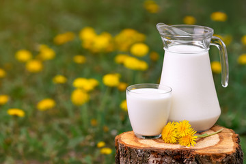 milk in glass with dandelions on the background