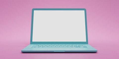 Blue laptop computer with blank white screen isolate on pink background. screen mockup template.