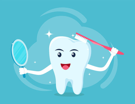 Happy tooth the character cleans himself with a toothbrush and looks in the mirror. Dental health care concept Illustration. Vector, flat style.
