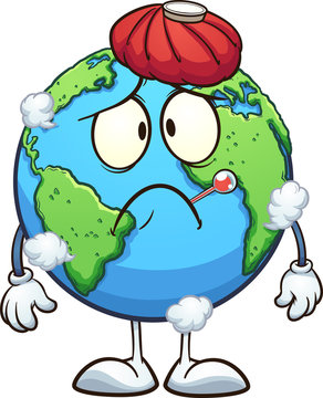 Sick cartoon planet earth with thermometer and water bag. Vector clip art illustration with simple gradients. Some elements on separate layers.
