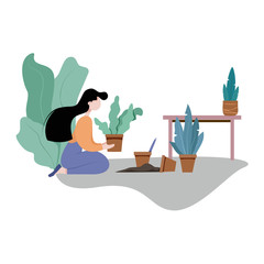 Gardening at home during quarantine.  Quarantine life. Flat cartoon illustration.