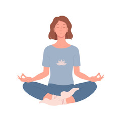 Woman with closed eyes sitting cross-legged, practicing yoga and enjoying meditation. Young girl with crossed legs sitting in lotus position and meditating. Relaxation at home. Flat vector isolated