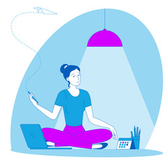 The best place for remote work. Young woman is working outsourced sitting on the floor. lat design vector illustration, ready to animation vector concept for web site, presentation, mobile app.