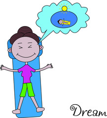 The girl lies and dreams about rest. The illustration shows what you can do at home. Vector isolated on white background.