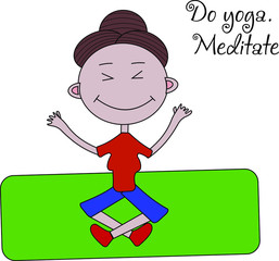 The girl practices yoga on the rug, meditates. The picture shows what you can do at home. Vector image isolated on a white background.