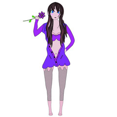 Stylish anime girl in a purple dress with a neckline and stockings with a rose in her hands. Vector illustration isolated on white background.