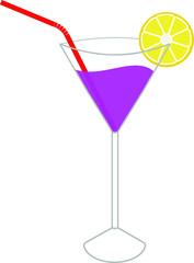 Image of a blue cocktail with lemon in a glass. Vector isolated on white background.