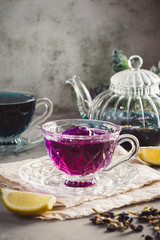 Pea flower tea in a beautiful glass cup, blue tea