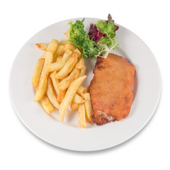 San Jacobo steak filled with cheese with French fries and endive.