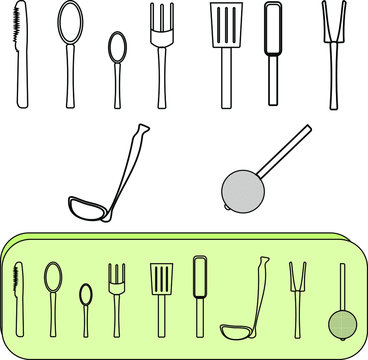 Kitchenware: scoop, tablespoon and teaspoon, fork, knife, sieve, spatula. Vector image isolated on a white background.