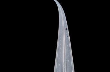 Aerial view of highway in city isolated on black background. Cars crossing interchange overpass....