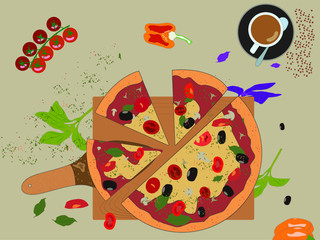 Pizza with ingredients and a cup of coffee on a wooden table. Vector graphics. Vector EPS10.