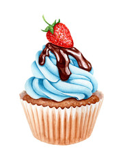 Watercolor cupcake with berries. Sweet for Birthday postcard Greeting card. Dessert for holiday and party. Hand drawn illustration for menu. Artistic design with food  for cafe. Freehand drawing