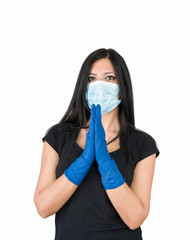 beautiful woman wear medical gloves and mask for prevention