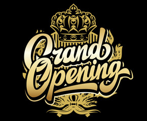 Golden calligraphic inscription Grand Opening on a black background