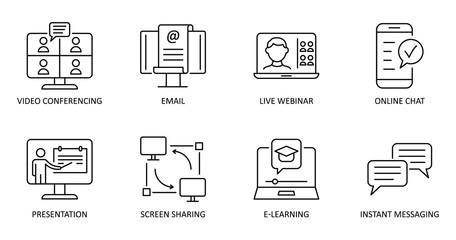 Vector online communication icons. Editable Stroke. Video conference, online chat, email, live webinar, instant messaging, online presentation, screen sharing, e-learning - 347576832