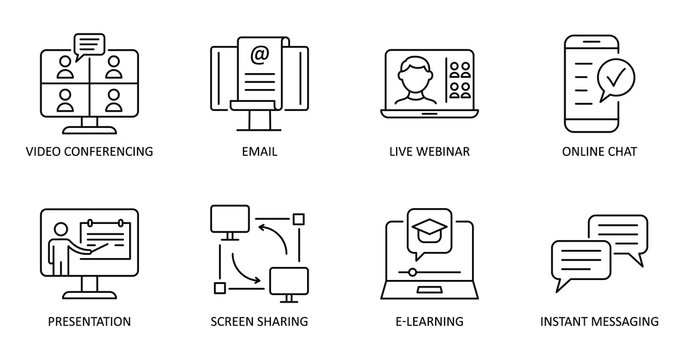 Vector online communication icons. Editable Stroke. Video conference, online chat, email, live webinar, instant messaging, online presentation, screen sharing, e-learning