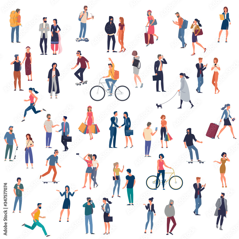 Fototapete Set of vector ready to animation people characters performing various activities. Group of men and women flat design style cartoon characters isolated on white background.