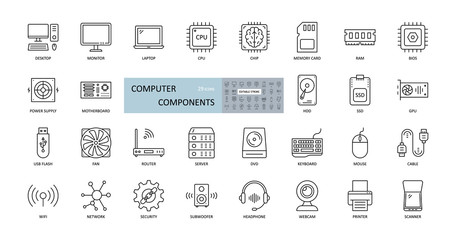 Vector icons of computer components. Editable Stroke. Parts of a PC, such as RAM memory, hdd ssd cpu processor. Keyboard mouse headphone speakers, laptop monitor server. Webcam printer scanner - obrazy, fototapety, plakaty