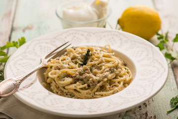 spaghetti with burrata mozzarella herbs and almonds