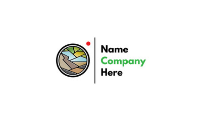 Vector logo on which an abstract image of mountains and trees in the camera lens.