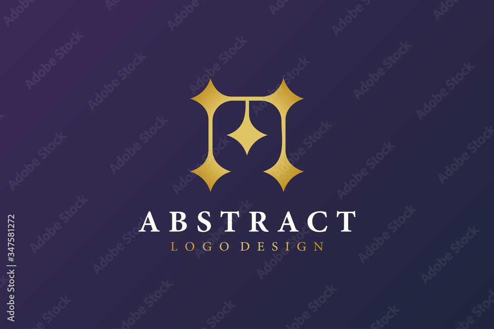 Poster abstract initial letter m logo. gold square line with star sparkles combination. usable for business