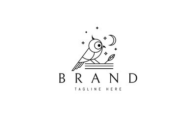 Vector logo on which an abstract image of an owl on a branch, against the background of the moon and stars.