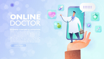 Online Doctor and Telemedicine concept. Patient's hand holding a smartphone video calling a doctor via smartphone apps anytime and anywhere. Medical healthcare landing page. Vector illustration.