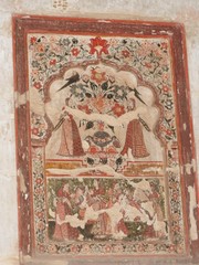 Wall paintings of Orchha Fort and Palace, Madhya Pradesh, India.