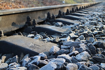railway hoarfrost frost sun iron stones rubble road travel train sunrise