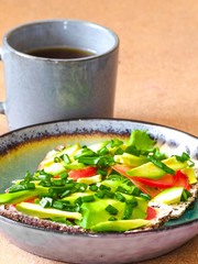 sandwich with avocado and a cup of coffee. delicious breakfast