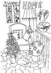 coloring the interior of the living room (a cozy chair with pillows, a cat, flowerpots with indoor plants)