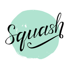 Squash black lettering text on white background with blue brush circle, vector illustration. Squash calligraphy. Sport, fitness, activity vector design. Print for logo, T-shirt and caps.