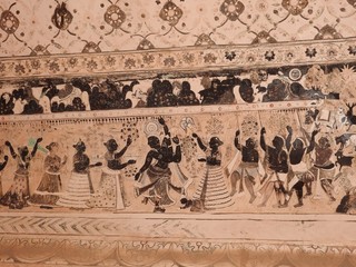 Ancient Lakshmi Narayan temple, wall paintings, Hindu religion, Orchha, Madhya Pradesh, India.