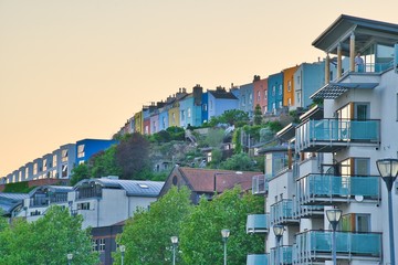 Bristol, UK - 8th May, 2020: Bristol's famour coloured homes alongside the harbour