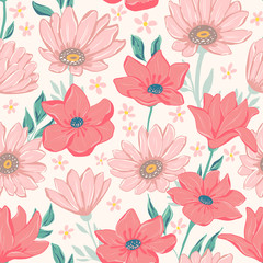 Flowers seamless pattern. Tile vector illustration of endless petals and flowers.