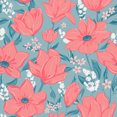 Flowers seamless pattern. Tile vector illustration of endless petals and flowers.