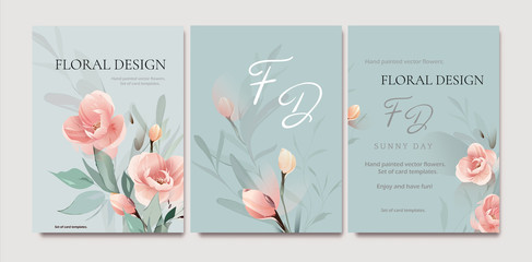 Set of card with flower rose, leaves. Wedding concept. Floral poster, invite. Vector decorative greeting card or invitation design background