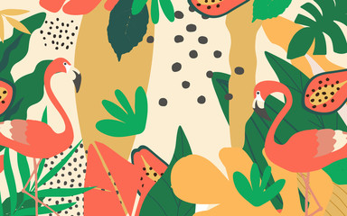 Colorful flowers and leaves poster background with flamingos vector illustration design. Exotic tropical art print for travel and holiday, fabric, fashion, spa and wellness