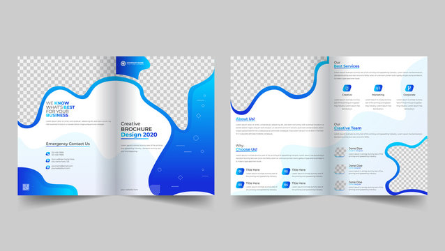 Geometric elements style business bi-fold brochure design. With blue gradient shapes, front page design layout template with bleed in A 4 size vector template.
