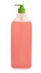 Dishwashing liquid in a plastic bottle isolated on a white background. Pink dishwashing liquid