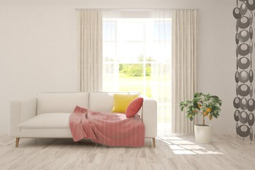 White living room with sofa. Scandinavian interior design. 3D illustration