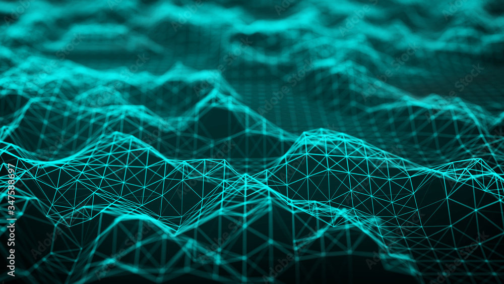 Aufkleber network of bright connected lines. abstract dynamic wave of many points. landscape. digital backgrou