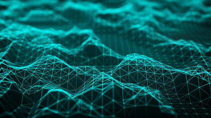 Network of bright connected lines. Abstract dynamic wave of many points. Landscape. Digital background. 3D rendering.