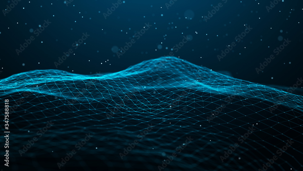 Poster network of bright connected dots and lines. abstract dynamic wave of many points. digital background