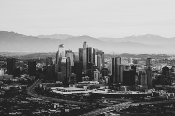 Los Angeles skyline from a helicopter black and white