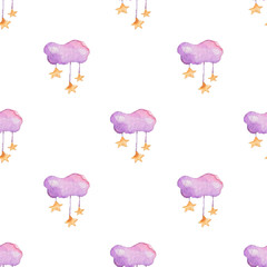 Children seamless pattern with pink clouds and stars in sky on white background. Hand drawn watercolor illustration