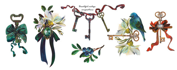 Beautiful compositions of vintage elements consisting of keys, birds, bows and ribbons, jewelry, brooch. As well as a sprig of blueberries. Drawn by hand. - obrazy, fototapety, plakaty