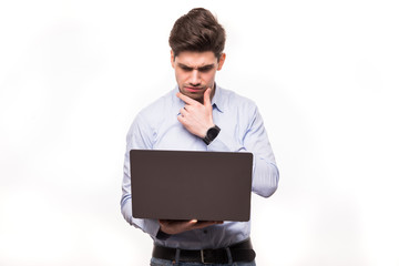 Portrait of man clothed in suit and tie, thinking about computer repairing, isolated on white background