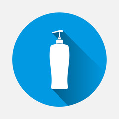 Vector icon of hair shampoo, bath gel. Body care. Symbol of purity icon on blue background. Flat image with long shadow.